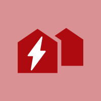 Icon zweier roter Häuser, das Haus im Vordergrund hat einen weißen Blitz in der Mitte auf rosanem Hintergrund